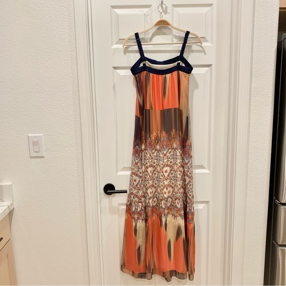 Bebe Orange Blue Floral Boho Printed Chiffon Babydoll Maxi Dress - Picture 9 of 14